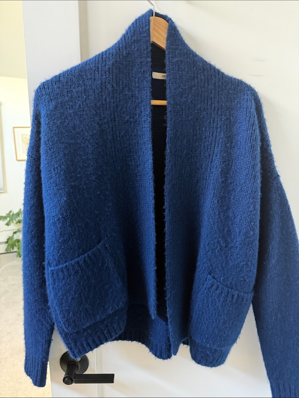 Odeeh Virgin Wool Cozy Open-Front Navy Cardigan with Front Pockets